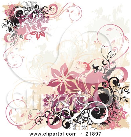 Clipart Picture Illustration of Corners Of Pink Clustered Flowers With Black And White Vines And Circles Over A Grunge Background by OnFocusMedia