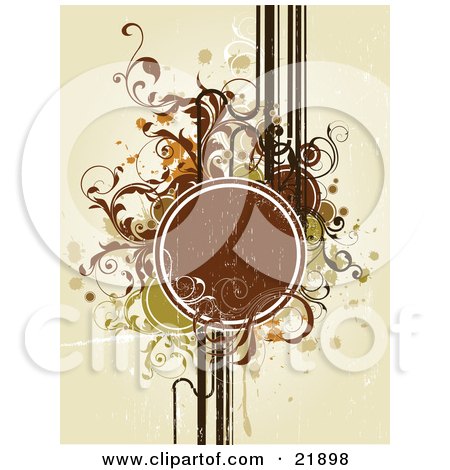 Clipart Picture Illustration of a Grungy Brown Circle Text Space With Green, Orange And Brown Lines, Circles, And Splatters On A Tan Background by OnFocusMedia