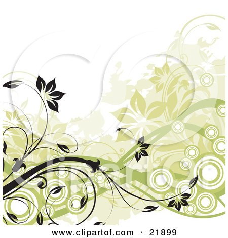 Clipart Picture Illustration of Flowering Black And Green Vines With Circles Over A White Background by OnFocusMedia