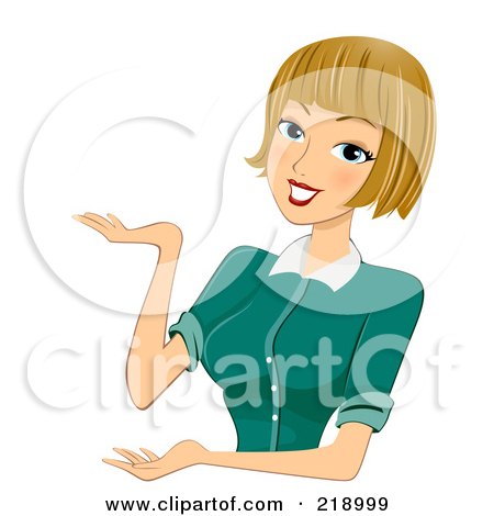 Royalty-Free (RF) Clipart Illustration of a Dirty Blond Woman Presenting In A Green Shirt by BNP Design Studio