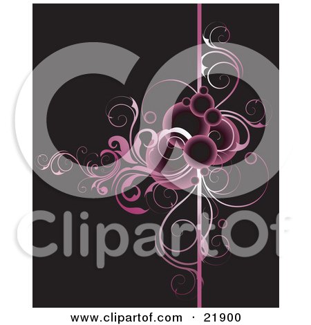 Clipart Picture Illustration of a Black Background With Purple And Pink Circles And Vines Over A Vertical Line by OnFocusMedia