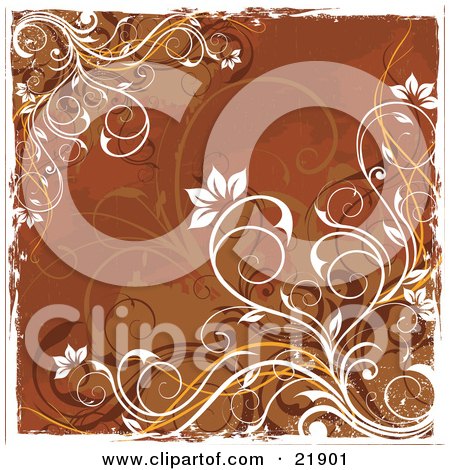 Clipart Picture Illustration of a Brown Background Of Orange And White Curly Vines With Flower Blooms by OnFocusMedia