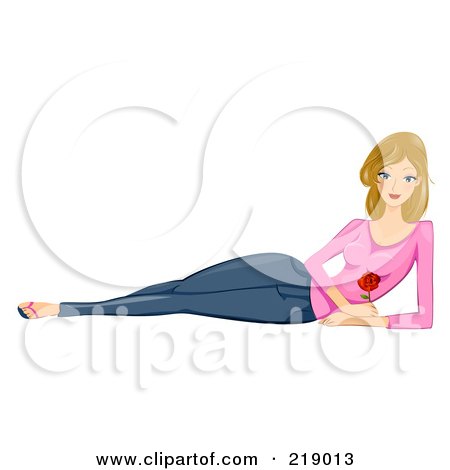 Royalty-Free (RF) Clipart Illustration of a Dirty Blond Woman Reclined And Holding A Rose by BNP Design Studio