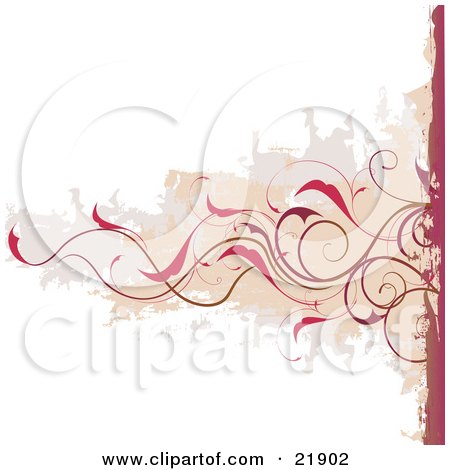 Clipart Picture Illustration of a Horizontal Red-Brown Curly Vine With Red Flowers Over A Brown And Gray Grunge Background With White by OnFocusMedia