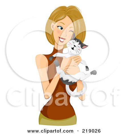 Royalty-Free (RF) Clipart Illustration of a Dirty Blond Woman Cuddling With Her Cat by BNP Design Studio