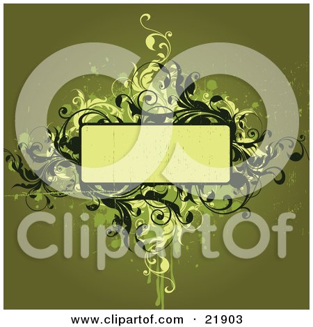 Clipart Picture Illustration of a Yellow Text Space Box With Green Vines And Splatters On A Green Background by OnFocusMedia
