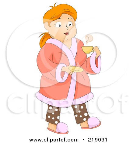 Royalty-Free (RF) Clipart Illustration of a Chubby Woman In A Robe, Carrying A Cup Of Coffee by BNP Design Studio