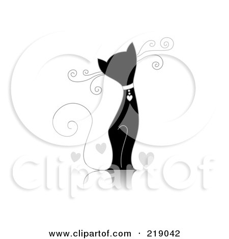 Royalty-Free (RF) Clipart Illustration of an Ornate Black And White Cat Design With Hearts by BNP Design Studio