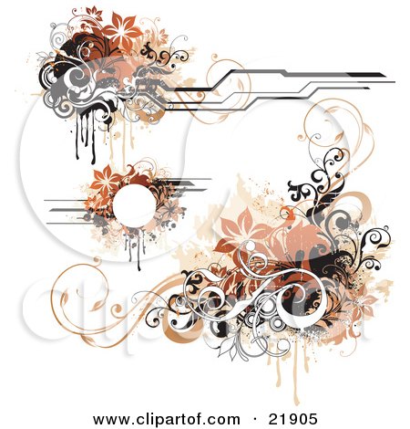 Clipart Picture Illustration of a Collection Of Design Elements With Orange, Black, Brown And White Flowers And Vines by OnFocusMedia