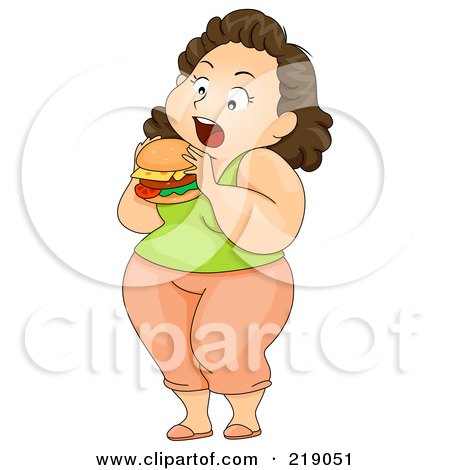 Royalty-Free (RF) Clipart Illustration of a Chubby Woman Standing And Eating A Hamburger by BNP Design Studio
