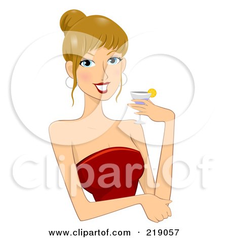 Royalty-Free (RF) Clipart Illustration of a Dirty Blond Woman In A Red Dress, Holding A Cocktail by BNP Design Studio