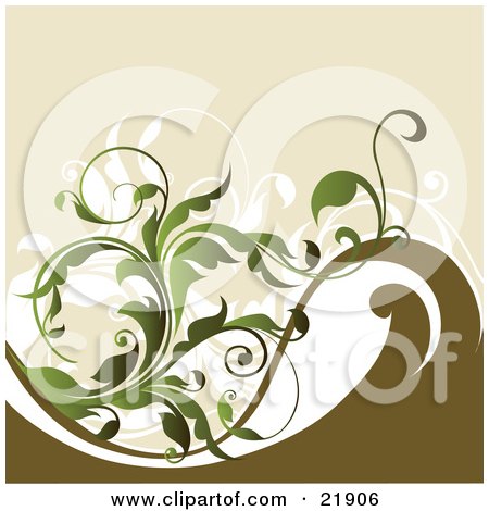 Clipart Picture Illustration of Leafy Green Curling Vines Over White Ones On A Brown Wave Over A Tan Background by OnFocusMedia