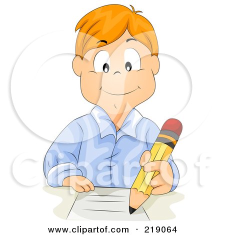 Royalty-Free (RF) Clipart Illustration of a Red Haired School Boy Doing Homework With A Pencil by BNP Design Studio