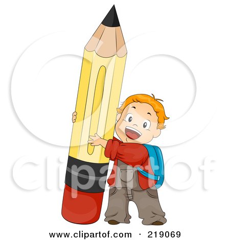 Royalty-Free (RF) Clipart Illustration of a Red Haired School Boy Pushing Up A Pencil by BNP Design Studio