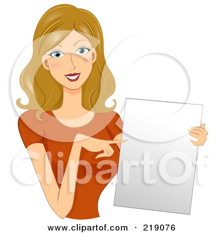 Royalty-Free (RF) Clipart Illustration of a Dirty Blond Woman Holding And Pointing To Blank Paper by BNP Design Studio