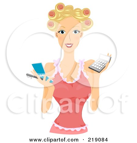 Royalty-Free (RF) Clipart Illustration of a Pretty Blond Woman With Her Hair In Curlers, Holding A Notepad And Calculator by BNP Design Studio