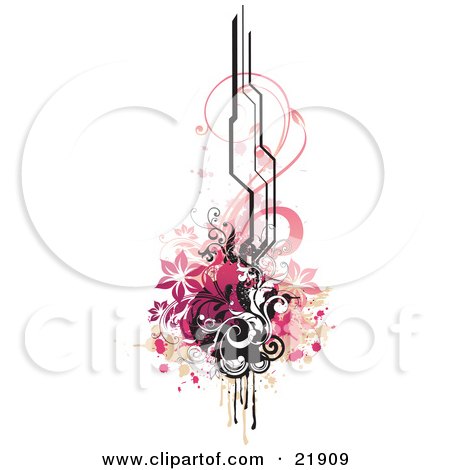 Clipart Picture Illustration of a Design Element With Pink Flowers, Black Circles And Vines, Paint Splatters And Black Lines, Over White by OnFocusMedia