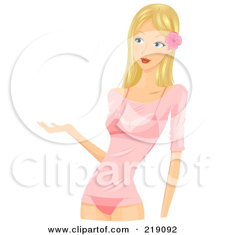 Royalty-Free (RF) Clipart Illustration of a Pretty Blond Woman Presenting In A Sheer Summer Shirt And Bikini by BNP Design Studio