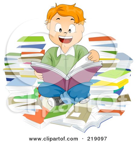 Royalty-Free (RF) Clipart Illustration of a Red Haired School Boy Reading And Surrounded By Books by BNP Design Studio