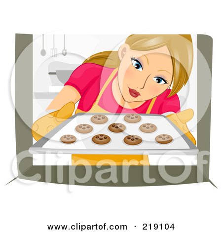 Royalty-Free (RF) Clipart Illustration of a Dirty Blond Woman Pulling Chocolate Chip Cookies Out Of An Oven by BNP Design Studio