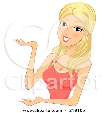 Royalty-Free (RF) Clipart Illustration of a Pretty Blond Woman Presenting In A Pink Tank Top by BNP Design Studio