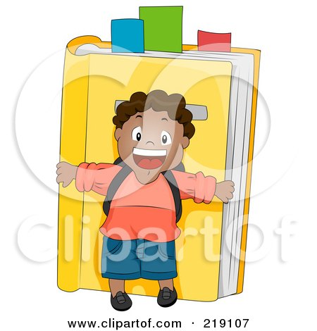 Royalty-Free (RF) Clipart Illustration of a Black School Boy Standing In Front Of A Yellow Book by BNP Design Studio