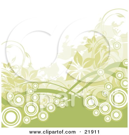 Clipart Picture Illustration of Green Flowering Vines And Grasses With Bubbles Over A White Background by OnFocusMedia