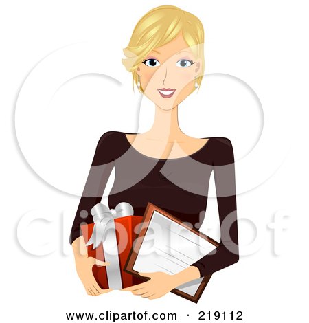 Royalty-Free (RF) Clipart Illustration of a Pretty Blond Woman Carrying A Gift Box And Certificate by BNP Design Studio