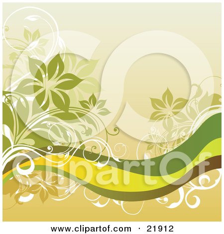 Clipart Picture Illustration of White, Orange And Green Floral Vines Over Green, Yellow And Brown Waves by OnFocusMedia