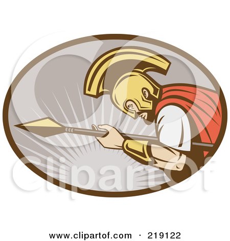 Royalty-Free (RF) Clipart Illustration of a Retro Gladiator And Spear Logo by patrimonio