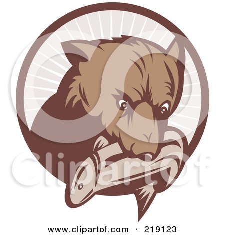 Royalty-Free (RF) Clipart Illustration of a Bear With A Fish In His Mouth Over A Brown Circle by patrimonio