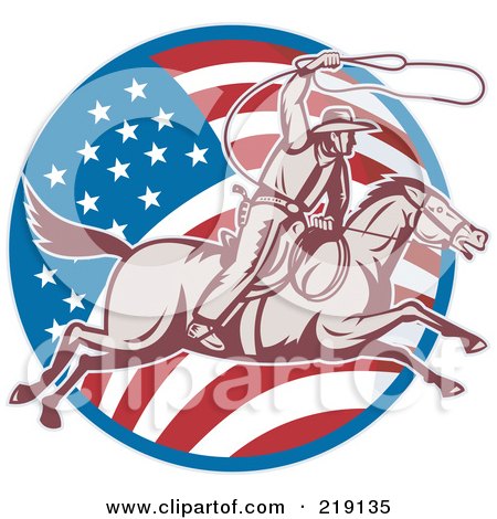 Royalty-Free (RF) Clipart Illustration of a Retro American Cowboy Swinging A Lasso Logo by patrimonio