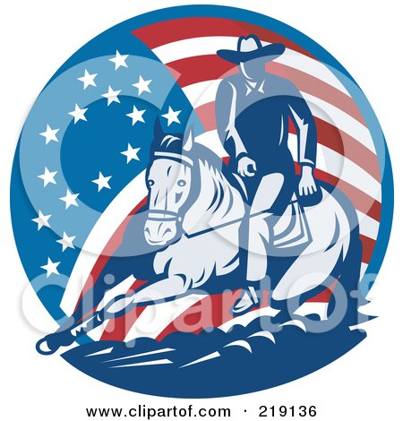 Royalty-Free (RF) Clipart Illustration of a Retro American Cowboy And Horse Logo by patrimonio