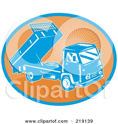 Royalty-Free (RF) Clipart Illustration of a Retro Orange And Blue Dump Truck Logo by patrimonio