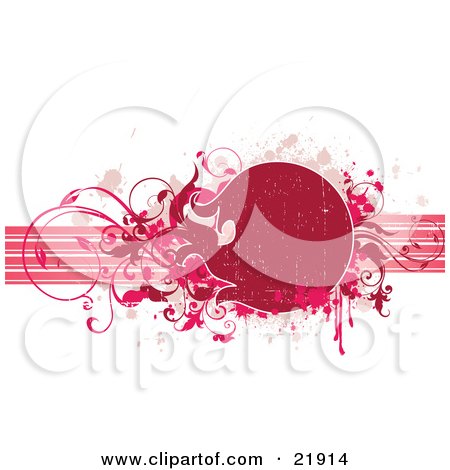 Clipart Picture Illustration of a Red Circular Text Space With Pink Paint Splatters And Vines Over Horizontal Bands On A White Background by OnFocusMedia