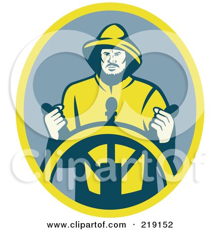 Royalty-Free (RF) Clipart Illustration of a Retro Fireman At The Wheel Logo by patrimonio
