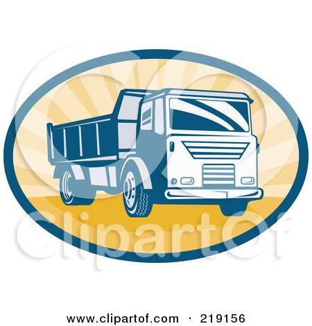 Royalty-Free (RF) Clipart Illustration of a Retro Blue And Orange Dump Truck Logo by patrimonio
