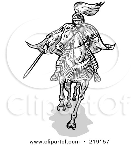 Royalty-Free (RF) Clipart Illustration of a Sketched Samurai On Horseback With A Sword At His Side by patrimonio