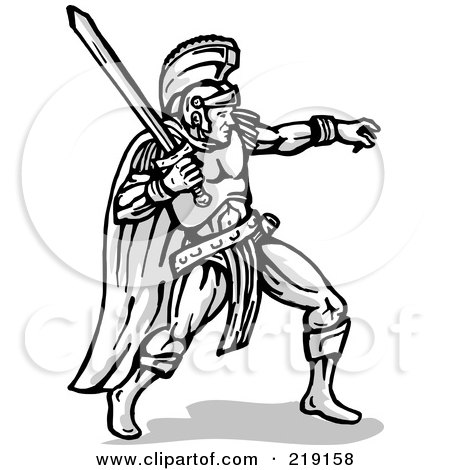 Royalty-Free (RF) Clipart Illustration of a Sketched Gladiator Leaning Back And Holding Up A Sword by patrimonio