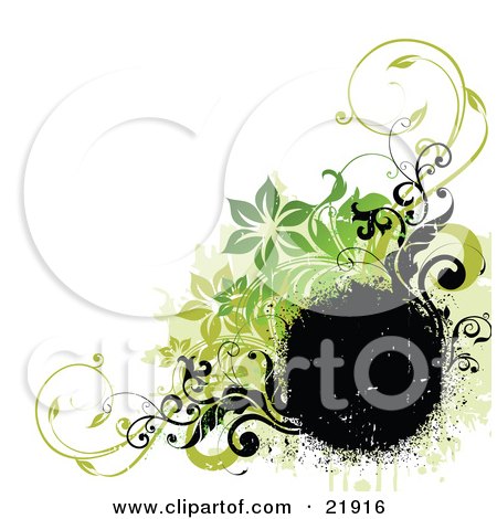 Clipart Picture Illustration of a Black Spray Circular Text Space With Black And Green Flowers And Vines Over A White Background by OnFocusMedia