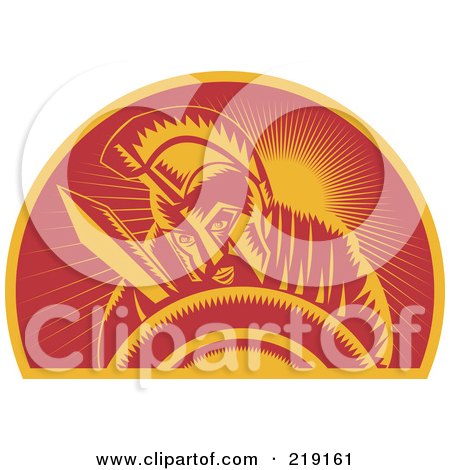 Royalty-Free (RF) Clipart Illustration of a Retro Red And Orange Roman Soldier Logo by patrimonio