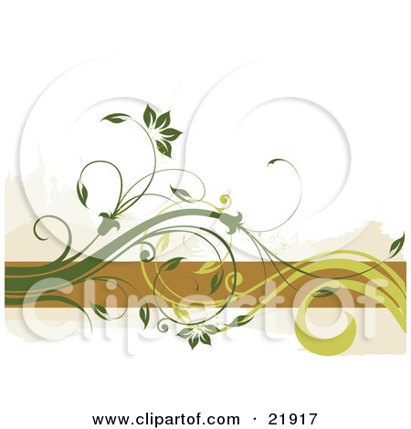Clipart Picture Illustration of Green Curly Vines With Beautiful Flowers Over An Orange Horizontal Line On A White Background by OnFocusMedia