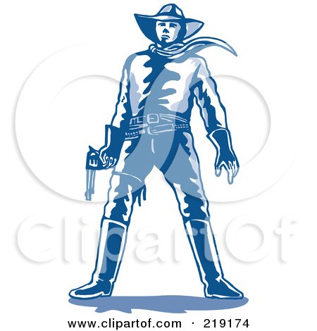 Royalty-Free (RF) Clipart Illustration of a Sketched Blue Cowboy Standing With A Gun by patrimonio