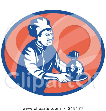 Royalty-Free (RF) Clipart Illustration of a Retro Blue And Red Chef Serving Money Logo by patrimonio