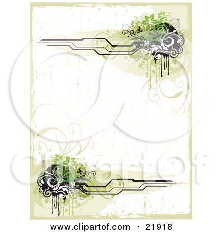 Clipart Picture Illustration of a Grunge White Background With Green And White Vines And Flowers And Black Lines by OnFocusMedia