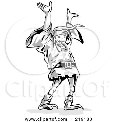 Royalty-Free (RF) Clipart Illustration of a Sketched Dwarf Holding His Arms Up by patrimonio