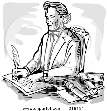 Royalty-Free (RF) Clipart Illustration of a Sketched Man Signing Documents At His Desk by patrimonio