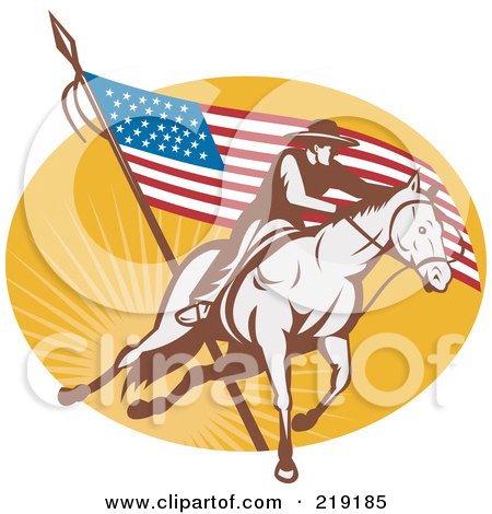 Royalty-Free (RF) Clipart Illustration of a Retro Rodeo Cowboy And American Flag Logo by patrimonio