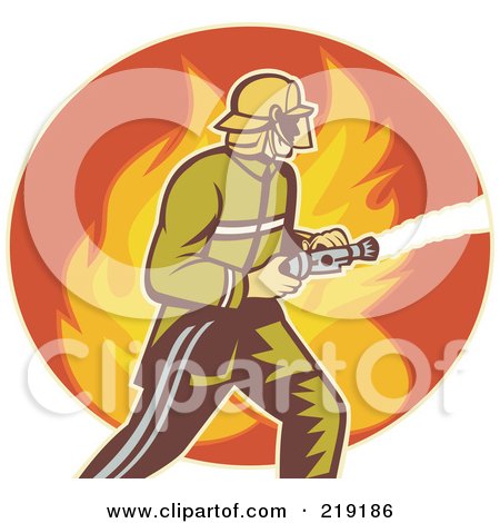 Royalty-Free (RF) Clipart Illustration of a Retro Fireman With A Hose Logo - 2 by patrimonio