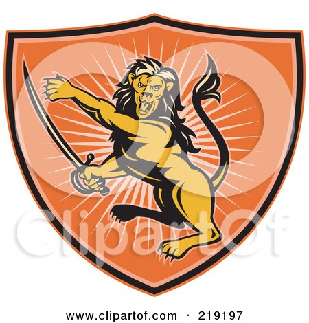 Royalty-Free (RF) Clipart Illustration of an Orange Lion Shield Logo by patrimonio